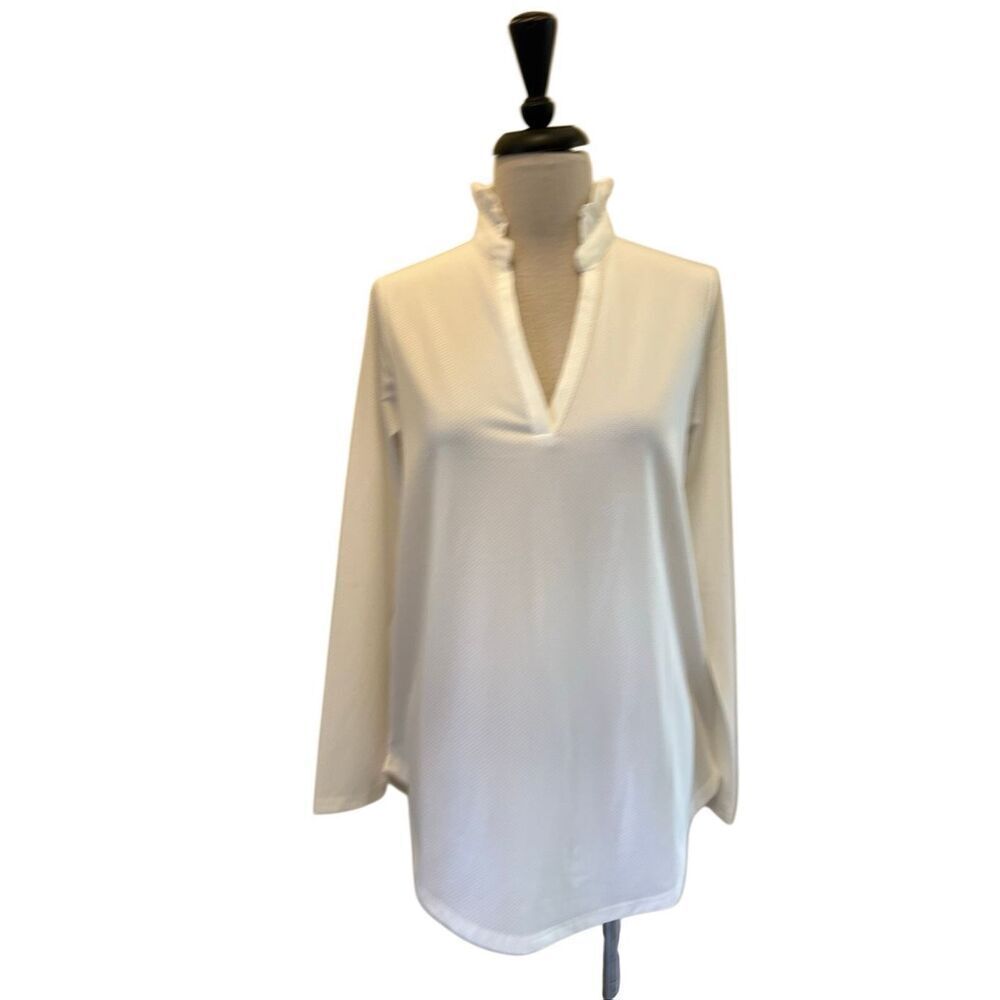 SSYS The Label Women's Long Sleeve Frill V-Neck Mesh Active Top White Size Small